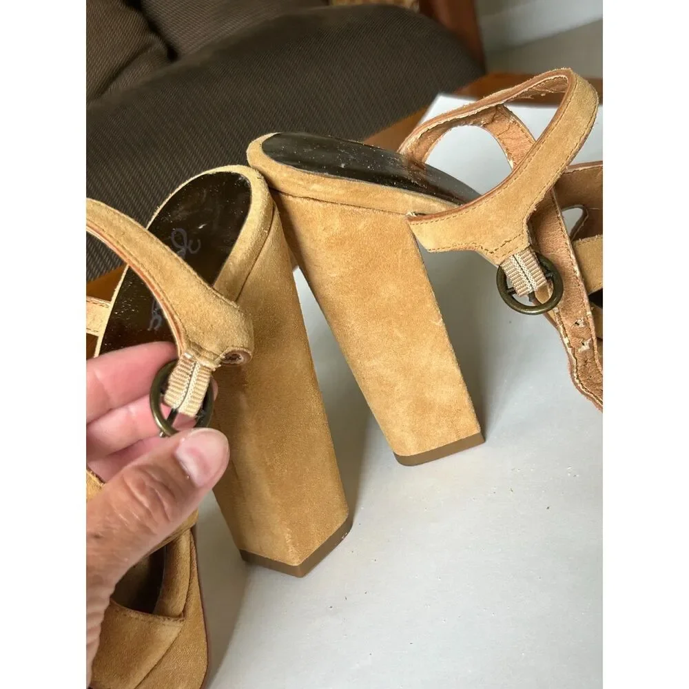 Zodiac USA ‘Tanya’ Tan Suede Platform Chunky Heels Sandals - Size 8